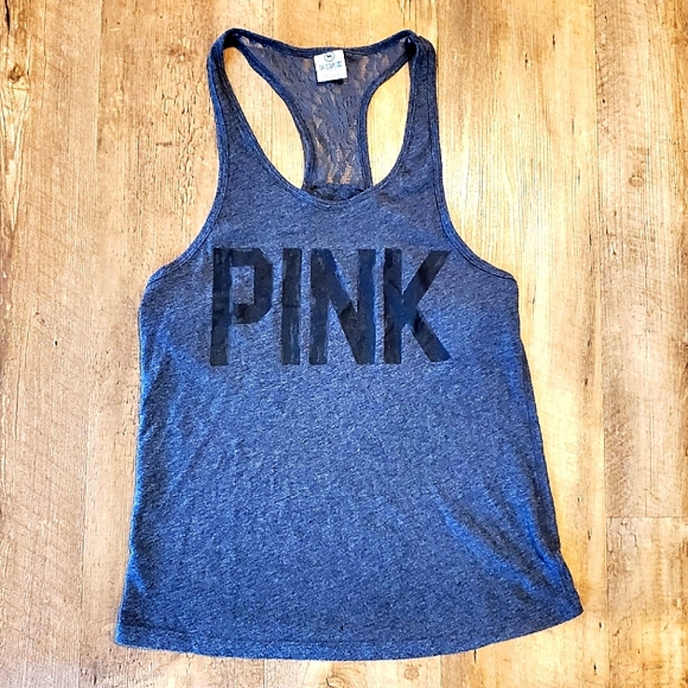 Victoria's Secret PINK Charcoal Gray Graphic Lace Racerback Tank Top | XS